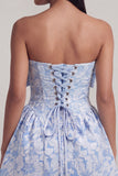A-Line Blue Off the Shoulder Jacquard Mini Floral Dress With Bow