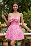 A-Line Blue Off the Shoulder Jacquard Mini Floral Dress With Bow