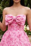 A-Line Blue Off the Shoulder Jacquard Mini Floral Dress With Bow