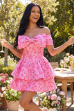 Cute A-Line Fuchsia Floral Off the Shoulder Jacquard Mini Party Dress With Bow