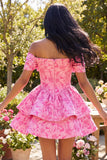 Cute A-Line Fuchsia Floral Off the Shoulder Jacquard Mini Party Dress With Bow
