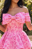Cute A-Line Fuchsia Floral Off the Shoulder Jacquard Mini Party Dress With Bow