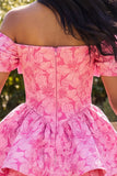 Cute A-Line Fuchsia Floral Off the Shoulder Jacquard Mini Party Dress With Bow