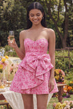Fuchsia Floral A-Line Sweetheart Jacquard Ruffled Mini Cocktail Dress With Bow