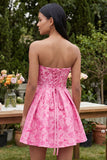 Fuchsia Floral A-Line Sweetheart Jacquard Ruffled Mini Cocktail Dress With Bow