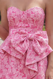 Fuchsia Floral A-Line Sweetheart Jacquard Ruffled Mini Cocktail Dress With Bow