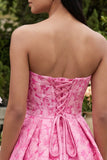 Fuchsia Floral A-Line Sweetheart Jacquard Ruffled Mini Cocktail Dress With Bow