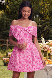 Off the Shoulder A-Line Fuchsia Jacquard Mini Cocktail Dress With Bow
