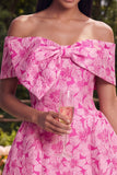 Off the Shoulder A-Line Fuchsia Jacquard Mini Cocktail Dress With Bow