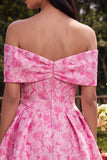 Off the Shoulder A-Line Fuchsia Jacquard Mini Cocktail Dress With Bow