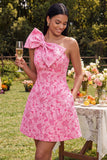 One Shoulder A-Line Fuchsia Jacquard Mini Cocktail Dress With Bow