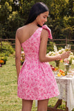 One Shoulder A-Line Fuchsia Jacquard Mini Cocktail Dress With Bow