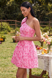 One Shoulder A-Line Fuchsia Jacquard Mini Cocktail Dress With Bow