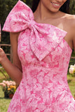 One Shoulder A-Line Fuchsia Jacquard Mini Cocktail Dress With Bow