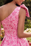 One Shoulder A-Line Fuchsia Jacquard Mini Cocktail Dress With Bow
