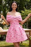 A-Line Fuchsia Jacquard Off the Shoulder Mini Cocktail Dress With Bow