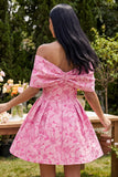 A-Line Fuchsia Jacquard Off the Shoulder Mini Cocktail Dress With Bow