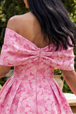 A-Line Fuchsia Jacquard Off the Shoulder Mini Cocktail Dress With Bow