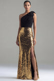 Sparkly Black and Gold One Shoulder Mermaid Sequins Bowed Evening Dress with Slit