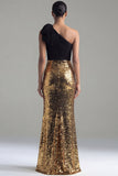 Sparkly Black and Gold One Shoulder Mermaid Sequins Bowed Evening Dress with Slit
