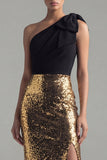 Sparkly Black and Gold One Shoulder Mermaid Sequins Bowed Evening Dress with Slit