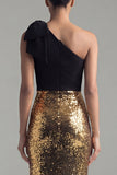 Sparkly Black and Gold One Shoulder Mermaid Sequins Bowed Evening Dress with Slit