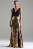 Sparkly Mermaid Black and Gold Sequins V-Neck Long Evening Dress with Slit