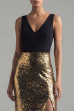 Sparkly Mermaid Black and Gold Sequins V-Neck Long Evening Dress with Slit