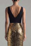 Sparkly Mermaid Black and Gold Sequins V-Neck Long Evening Dress with Slit