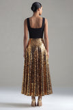 Sparkly Black and Gold A-Line Square Neck Long Evening Dress with Sequins