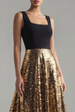 Sparkly Black and Gold A-Line Square Neck Long Evening Dress with Sequins