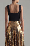 Sparkly Black and Gold A-Line Square Neck Long Evening Dress with Sequins