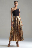 One Shoulder A-Line Black and Gold Sequins Long Evening Dress