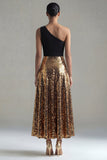 One Shoulder A-Line Black and Gold Sequins Long Evening Dress