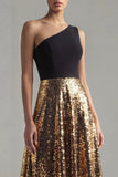 One Shoulder A-Line Black and Gold Sequins Long Evening Dress