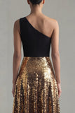 One Shoulder A-Line Black and Gold Sequins Long Evening Dress
