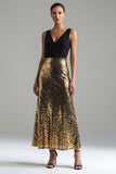 Sparkly Black and Gold A-Line V-Neck Long Evening Dress with Sequins