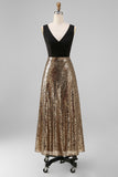 Sparkly Black and Gold A-Line V-Neck Long Evening Dress with Sequins