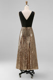 Sparkly Black and Gold A-Line V-Neck Long Evening Dress with Sequins