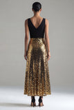Sparkly Black and Gold A-Line V-Neck Long Evening Dress with Sequins