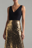 Sparkly Black and Gold A-Line V-Neck Long Evening Dress with Sequins