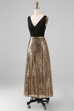Sparkly Black and Gold A-Line V-Neck Long Evening Dress with Sequins