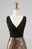 Sparkly Black and Gold A-Line V-Neck Long Evening Dress with Sequins