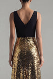 Sparkly Black and Gold A-Line V-Neck Long Evening Dress with Sequins