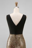 Sparkly Black and Gold A-Line V-Neck Long Evening Dress with Sequins