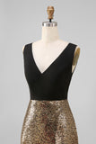 Sparkly Black and Gold A-Line V-Neck Long Evening Dress with Sequins