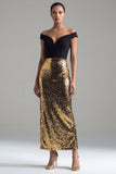 Sparkly Black and Gold Off the Shoulder Sequins Sheath Long Evening Dress with Slit