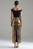 Sparkly Black and Gold Off the Shoulder Sequins Sheath Long Evening Dress with Slit
