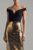 Sparkly Black and Gold Off the Shoulder Sequins Sheath Long Evening Dress with Slit