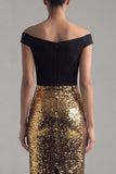 Sparkly Black and Gold Off the Shoulder Sequins Sheath Long Evening Dress with Slit